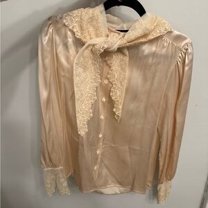 Rare Ralph Lauren Cream Silk and Lace Blouse With Lace Scarf